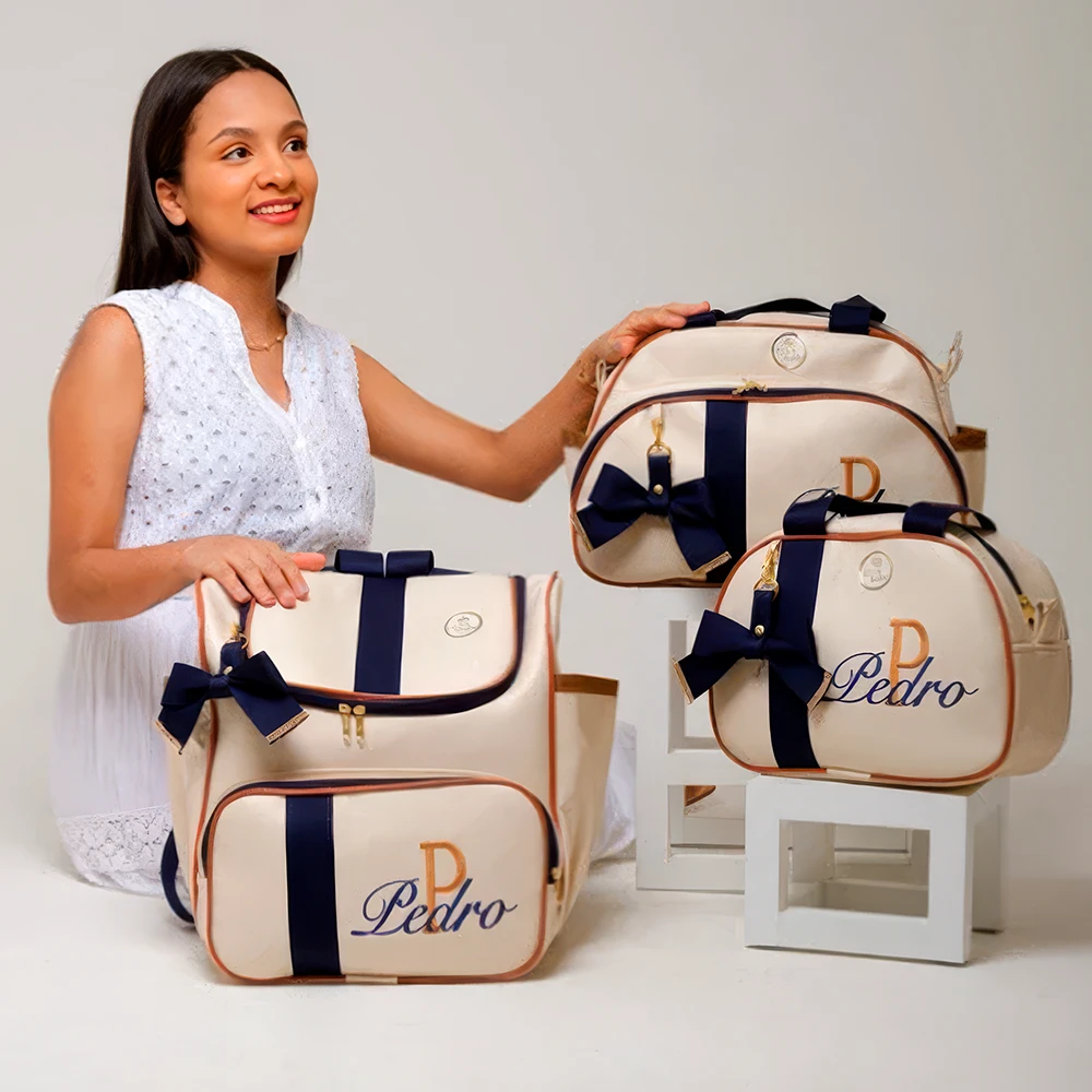 Kit De Bolsa Maternidade Personalizada Menino Luxo 3 Peças